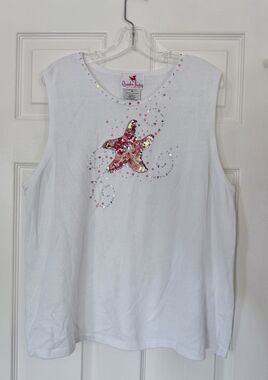 NWOT Quacker Factory Women sequin starfish Beach White Tank top shirt 2X XXL 2XL